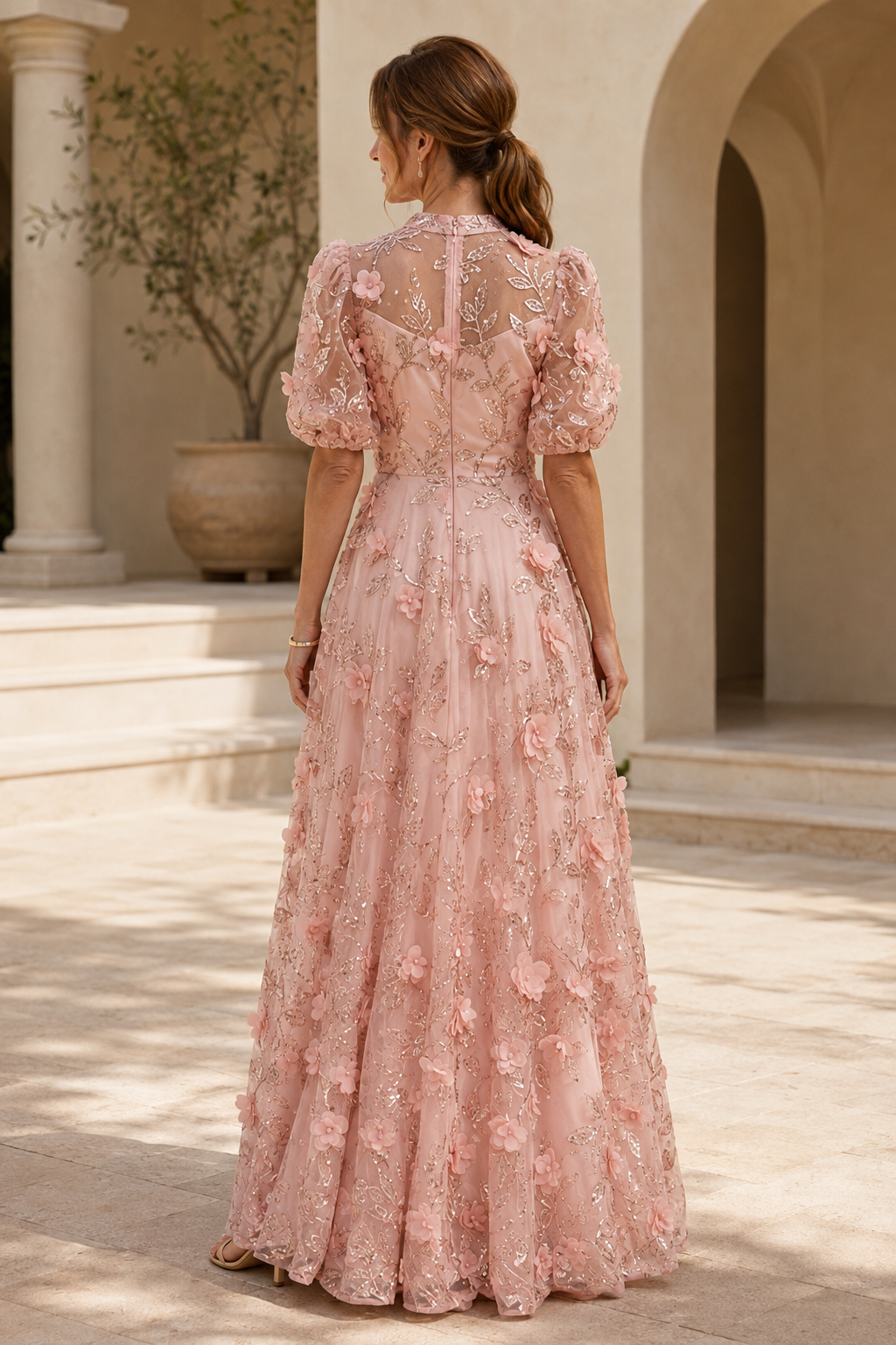 Vestido de Noche A-Line con Mangas Abullonadas y Aplicaciones Florales 3D