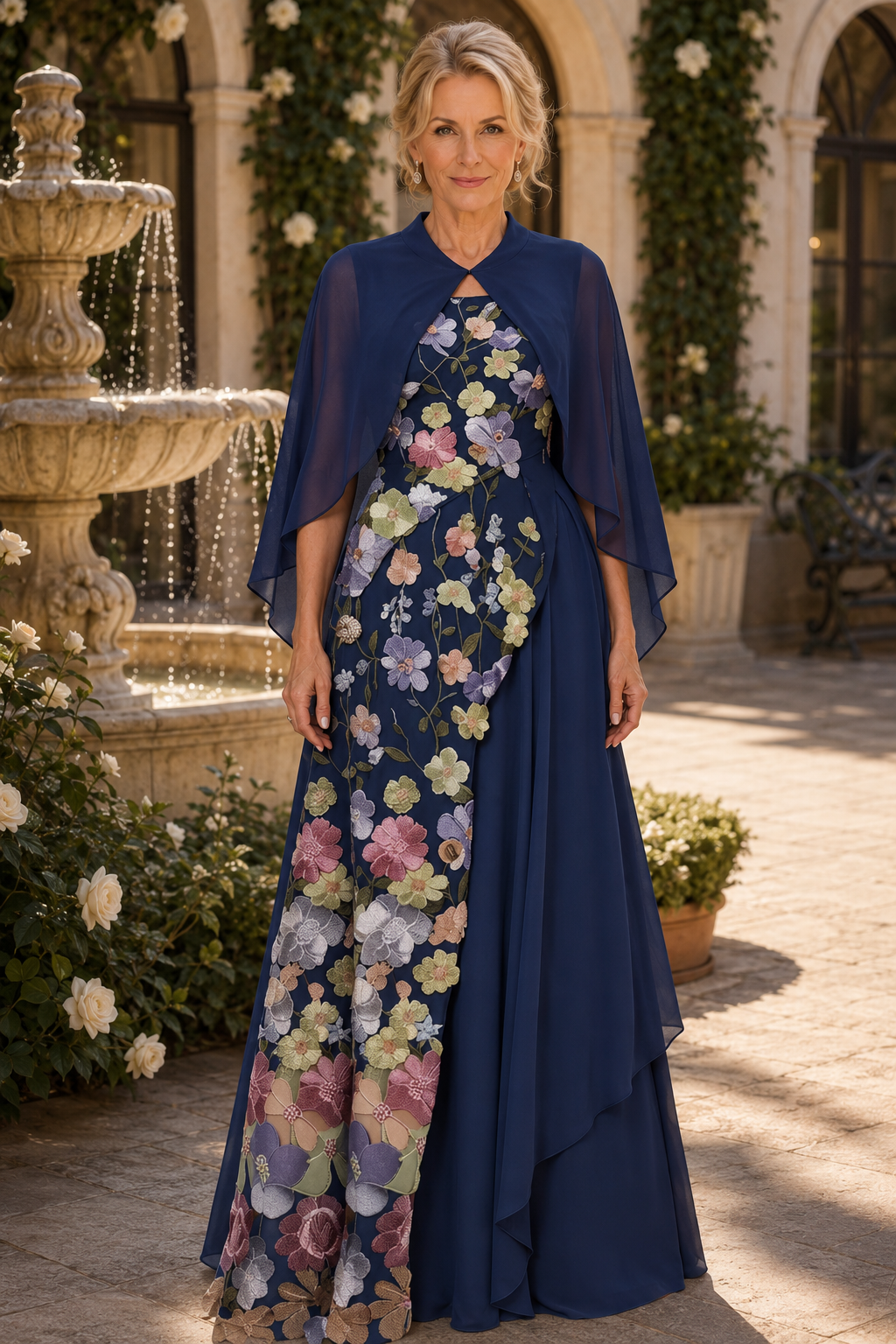 Vestido de noche con capa bordada floral y drapeado en cascada