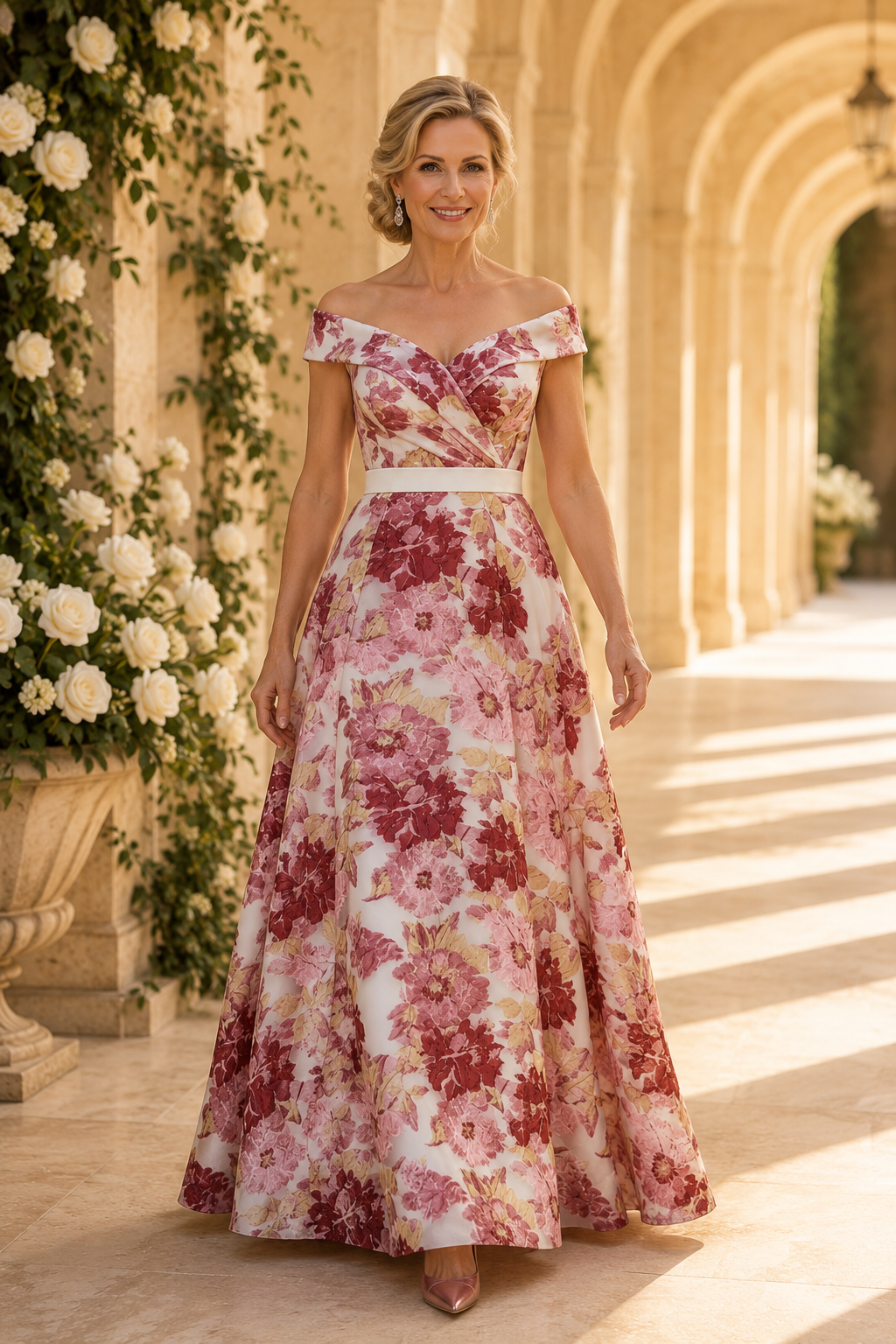 Vestido de noche con estampado floral, escote de hombros descubiertos y silueta A, con cintura ajustada