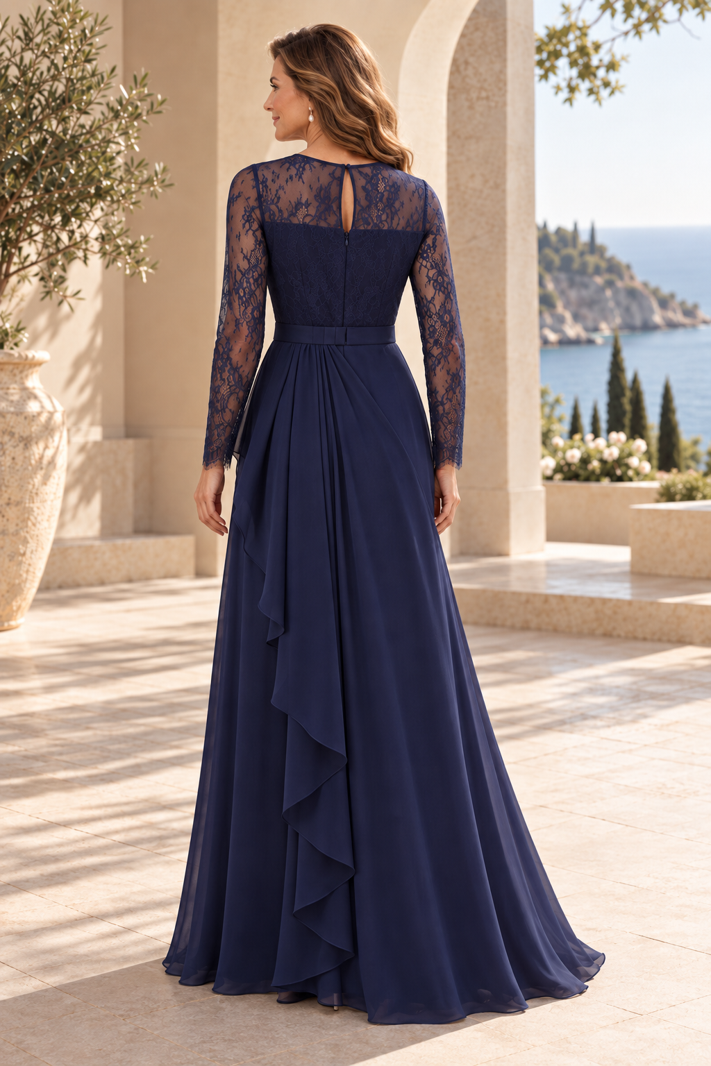 Lace Illusion Long Sleeve A-Line Chiffon Gown