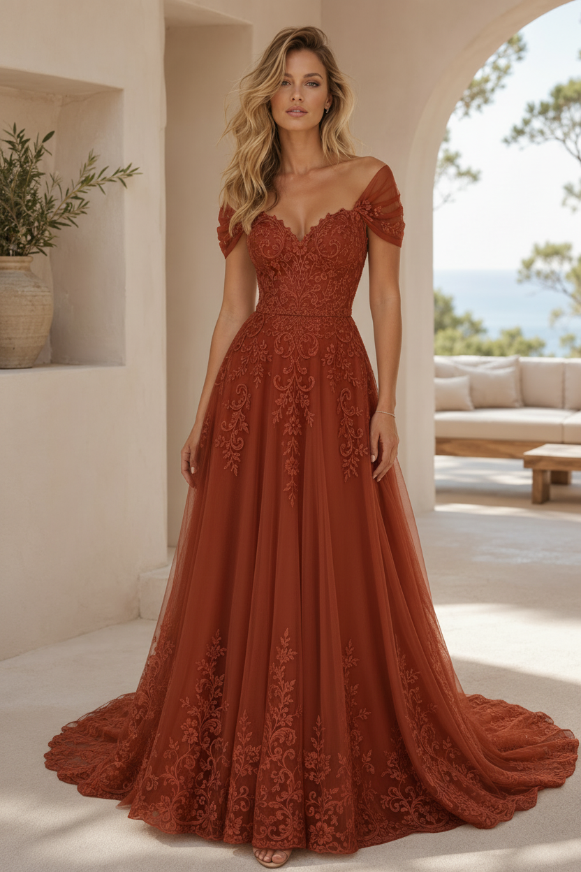 Vestido de novia de corte A con apliques de encaje y escote Bardot