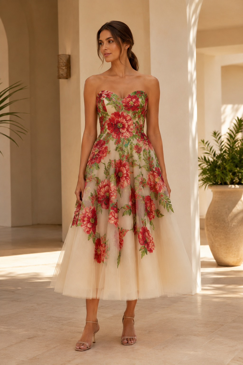 Vestido de tul hasta la rodilla sin tirantes con bordado floral