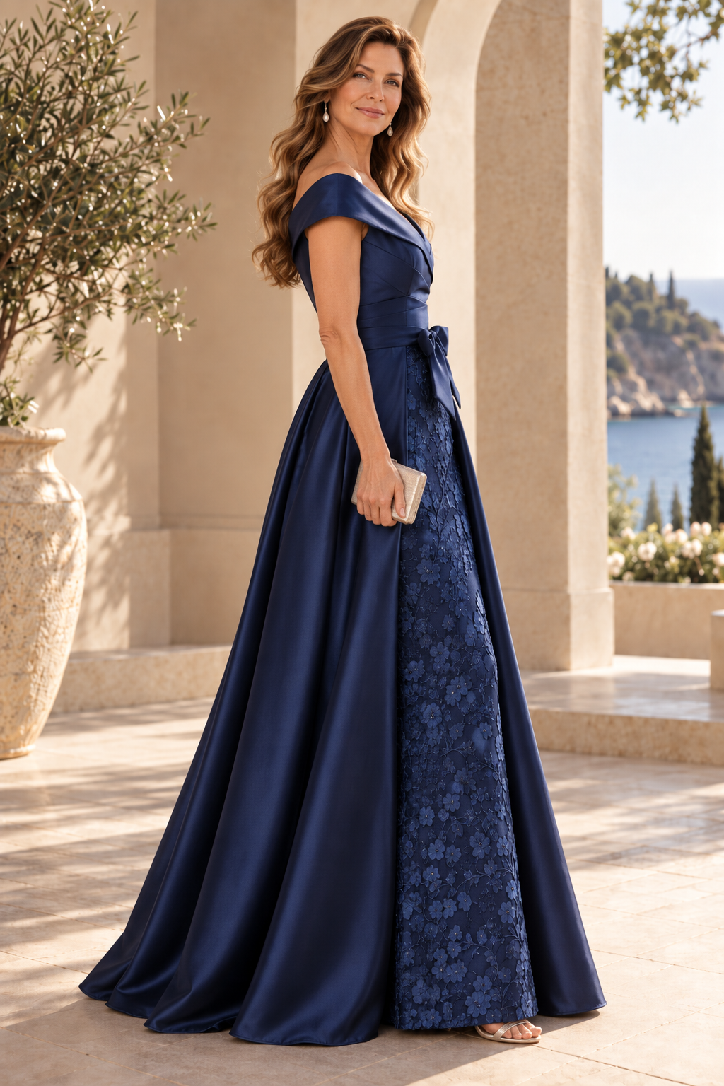 Off-Shoulder Lace Evening Gown with Overskirt