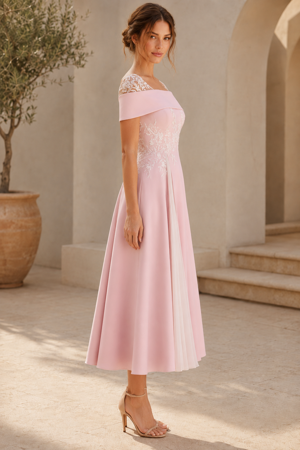 Vestido midi evasé con cuerpo bordado