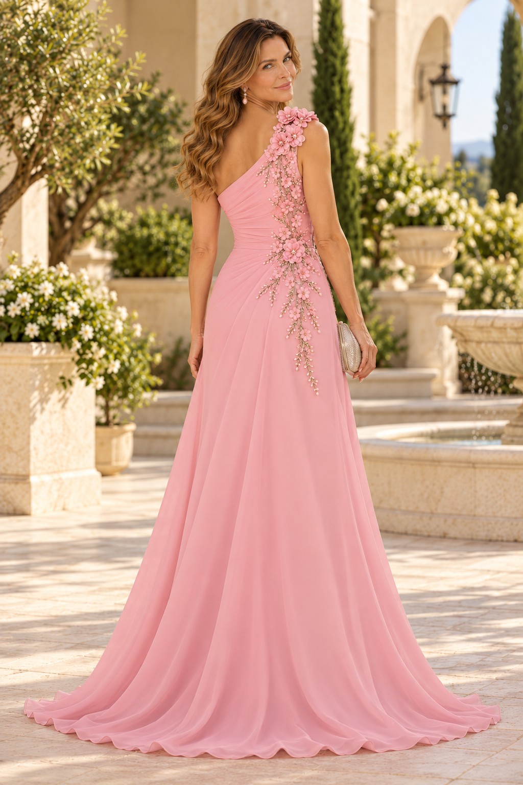 One-Shoulder 3D Floral Applique Chiffon Gown
