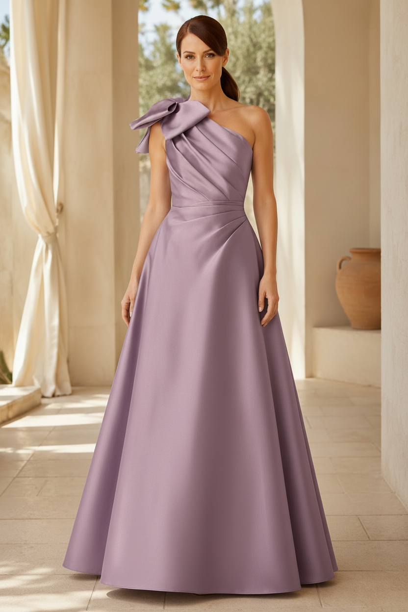 Vestido largo de satén con escote asimétrico, lazo y bolsillos