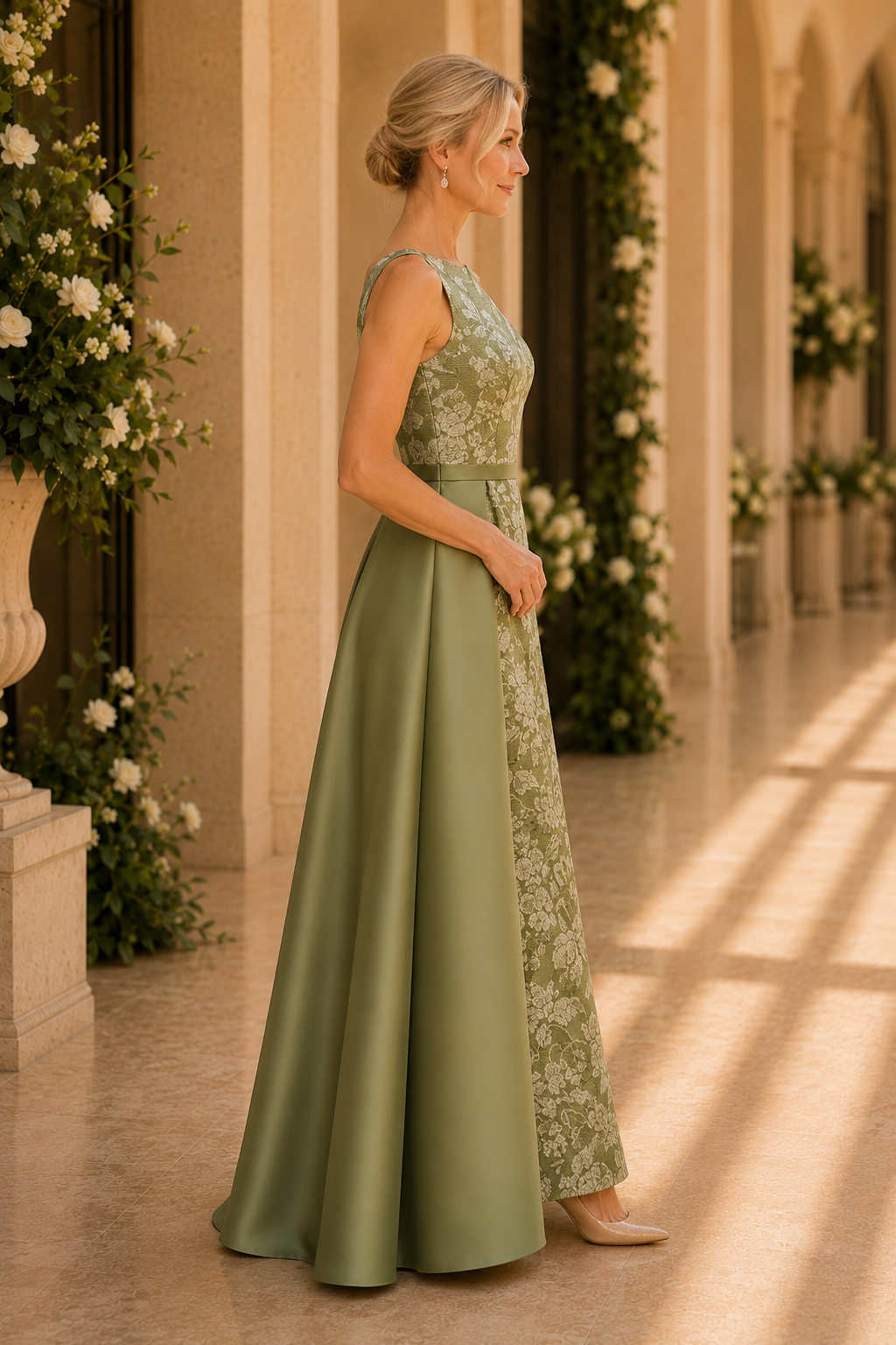 Vestido columna de jacquard floral con sobrefalda de satén