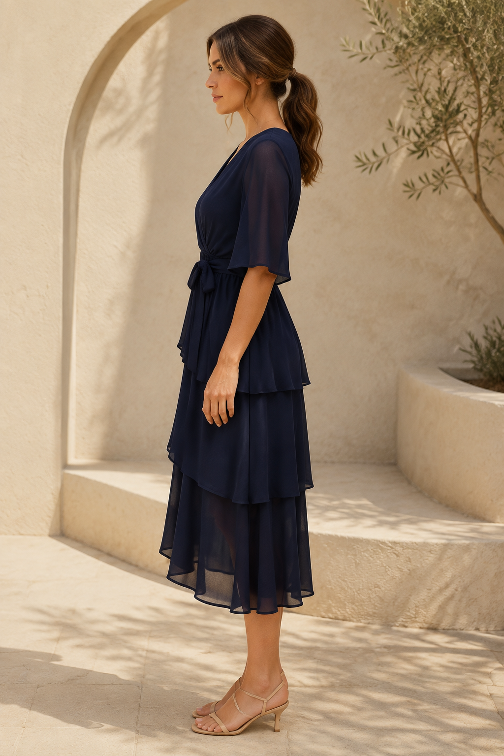 Vestido midi cruzado de gasa a capas con mangas con volantes