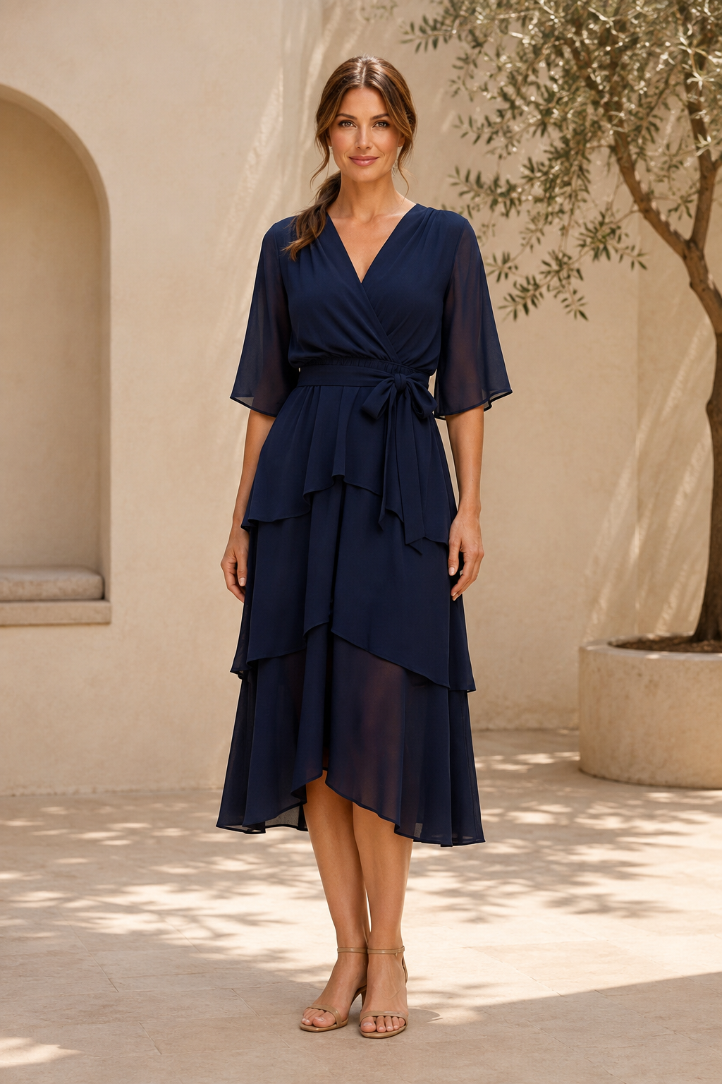 Vestido midi cruzado de gasa a capas con mangas con volantes