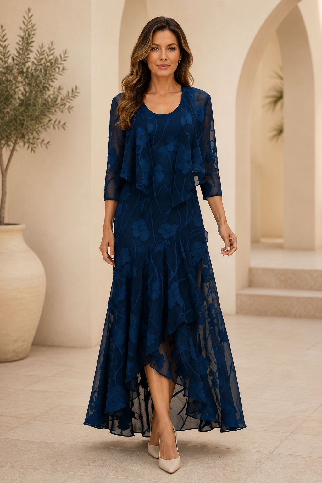 Vestido floral asimétrico con conjunto de chaqueta a juego