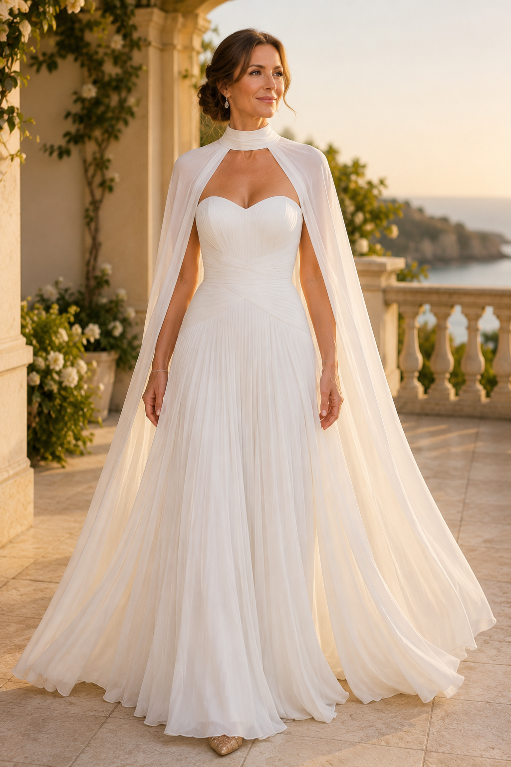 Vestido de gala plisado de corte A con capa de cuello alto