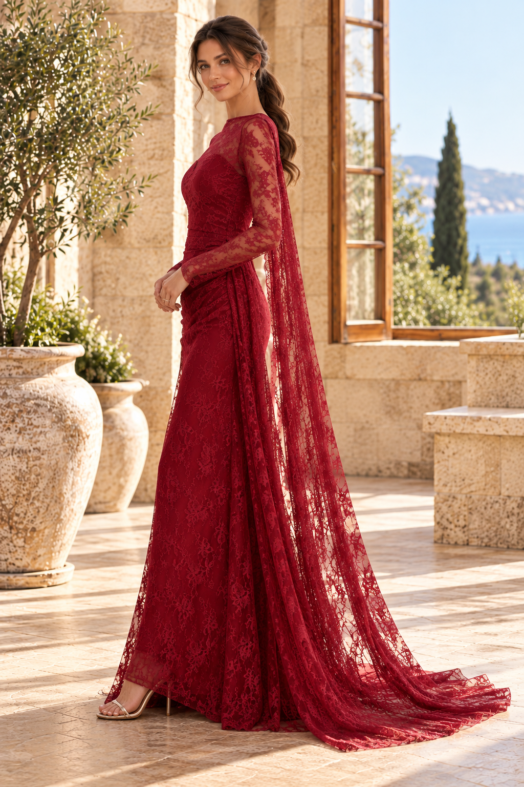Lace Gown with Floor-Length Cape Sleeves