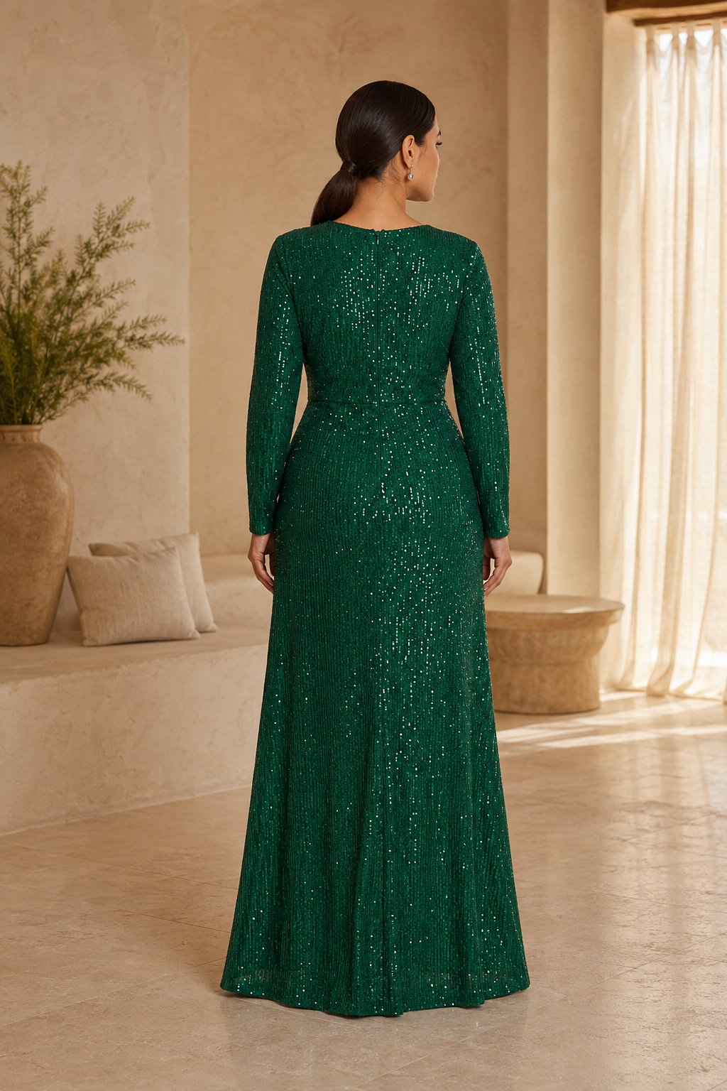 Vestido largo de lentejuelas con falda delantera drapeada