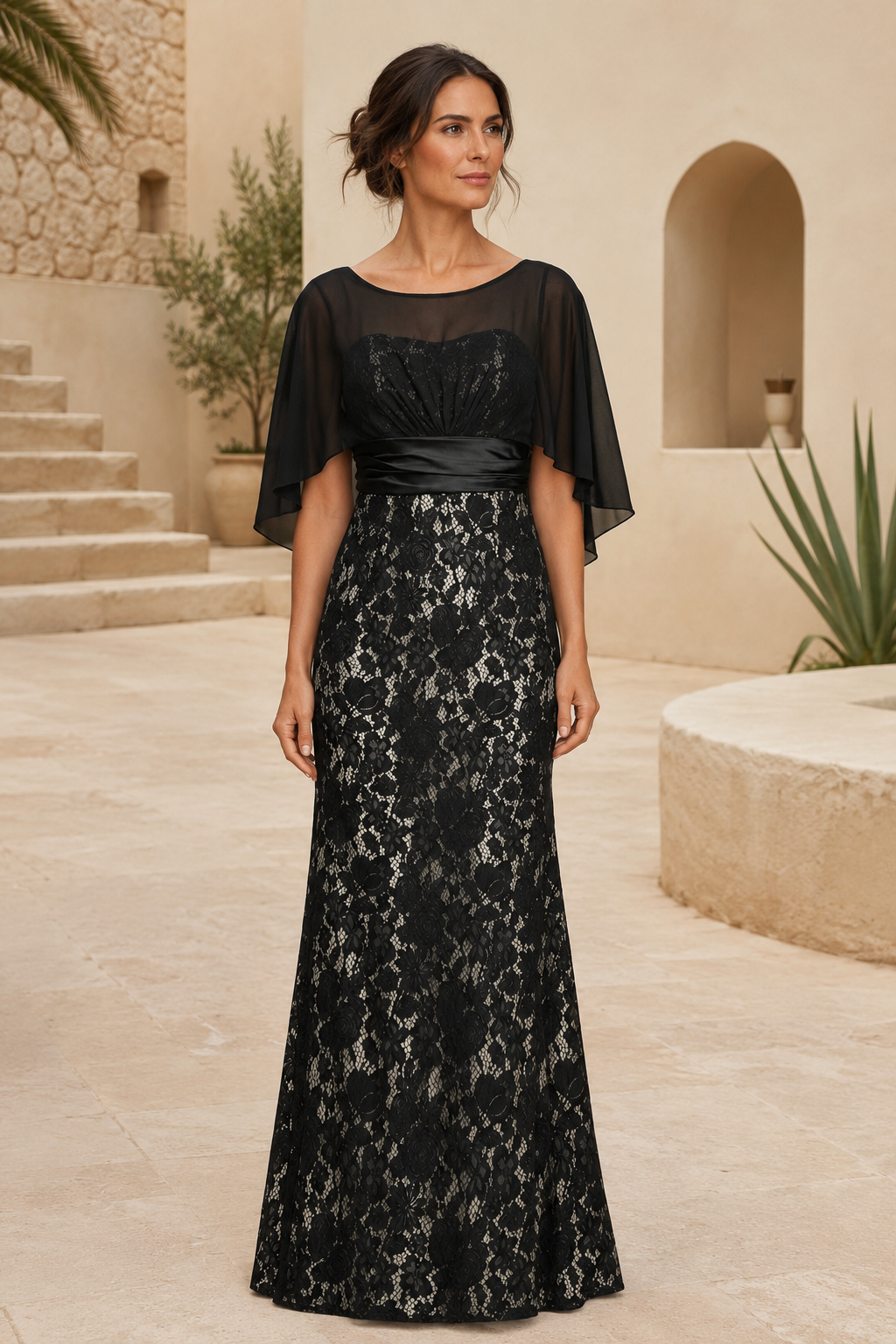Vestido de noche estilo columna de encaje con mangas ilusión tipo capa