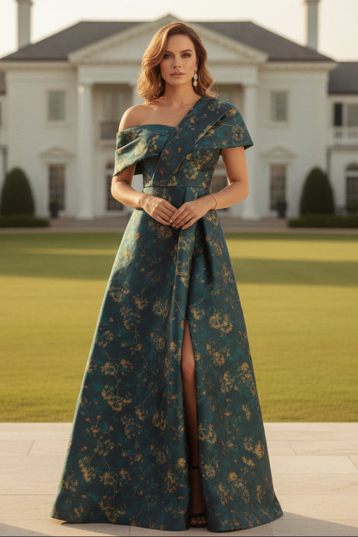 Vestido de noche de jacquard floral con silueta en A y un solo hombro