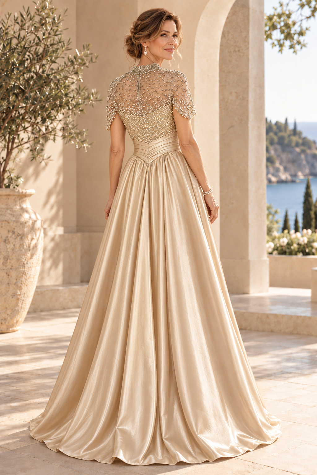 Beaded Illusion Capelet Satin A-Line Gown