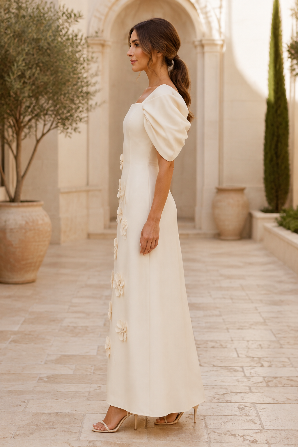 Vestido de corte A con escote cuadrado, mangas abullonadas y flores 3D
