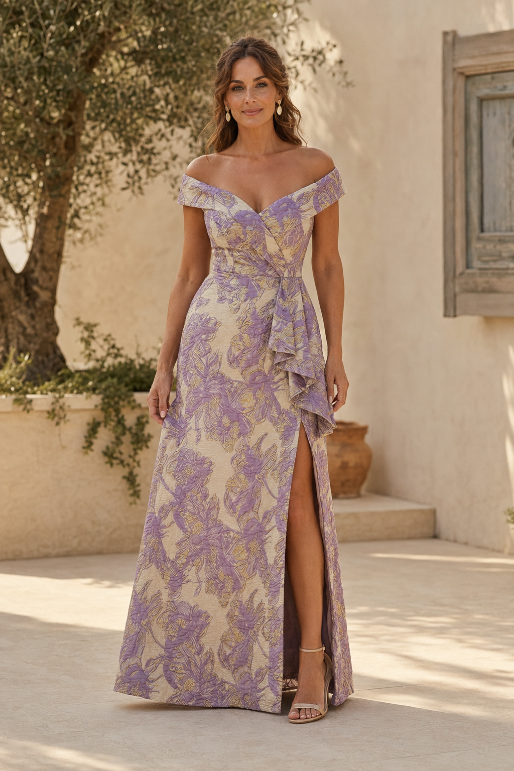 Vestido de jacquard floral con hombros descubiertos y abertura alta