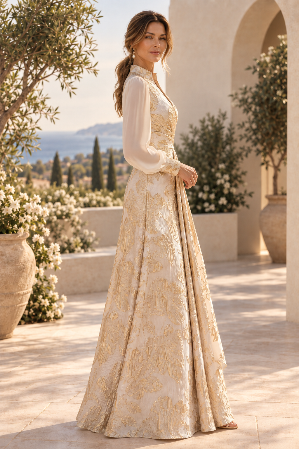 Metallic Jacquard A-Line Gown with Balloon Sleeves