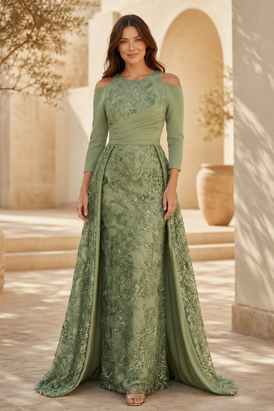 Vestido de noche de encaje con hombros descubiertos y sobrefalda