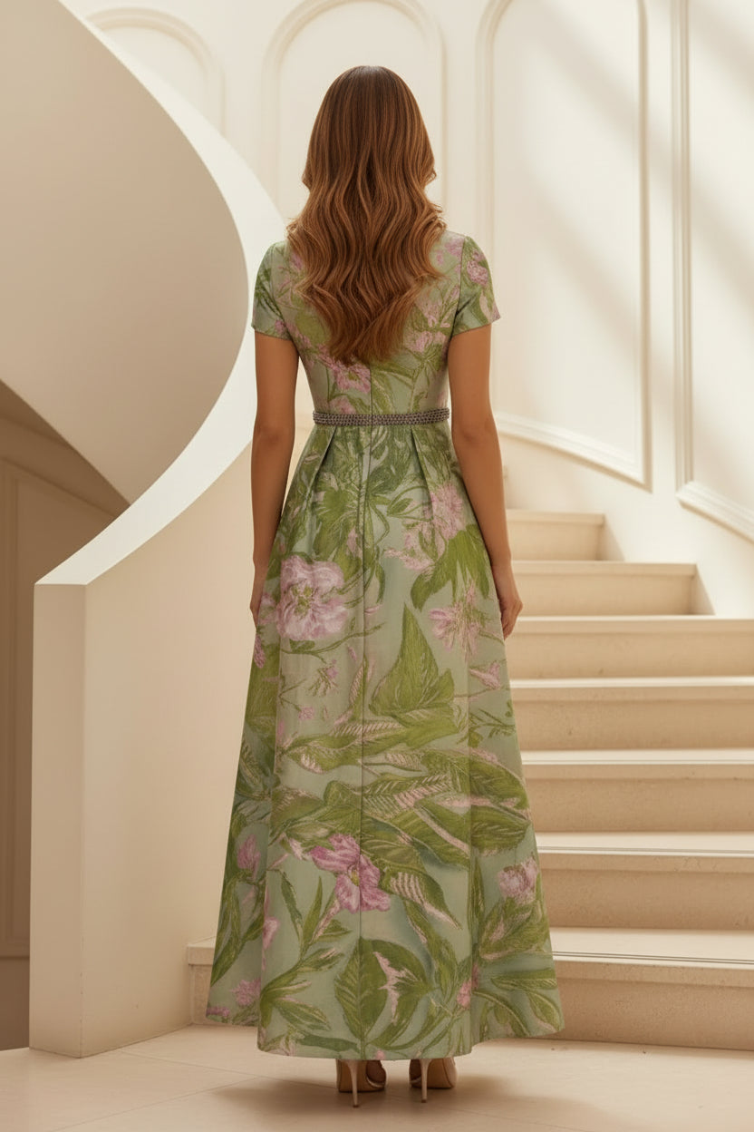 Vestido largo de jacquard floral con cinturón de cuentas