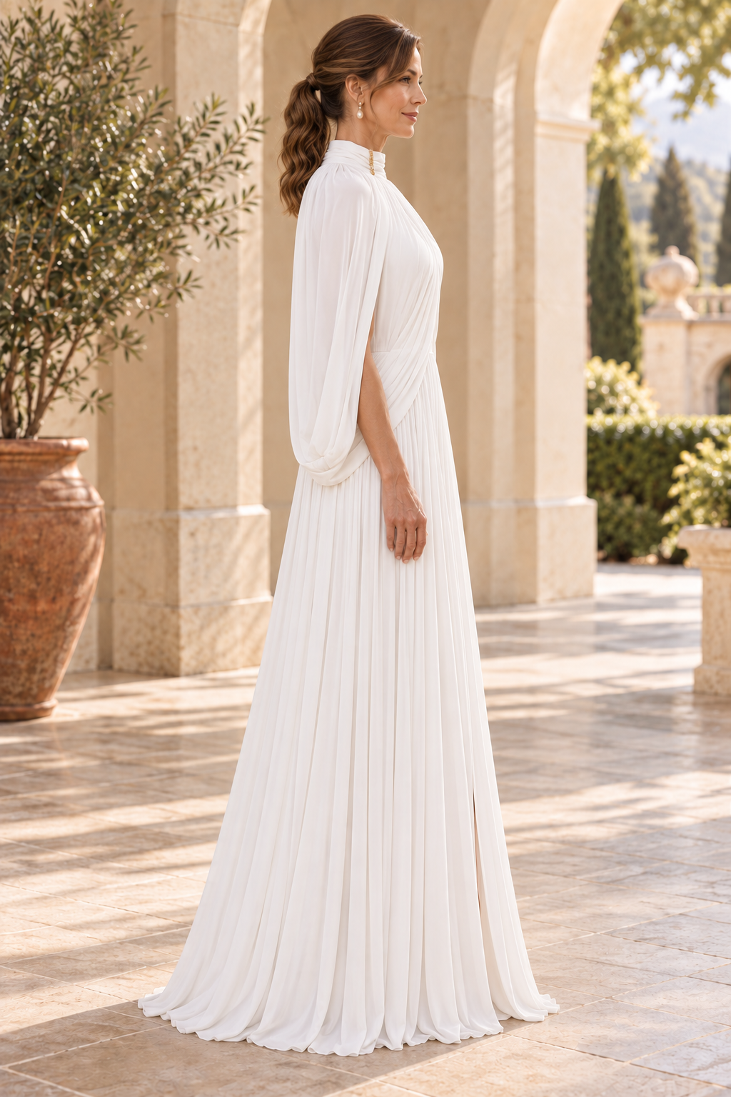 High Neck Pleated Maxi Dress with Cape