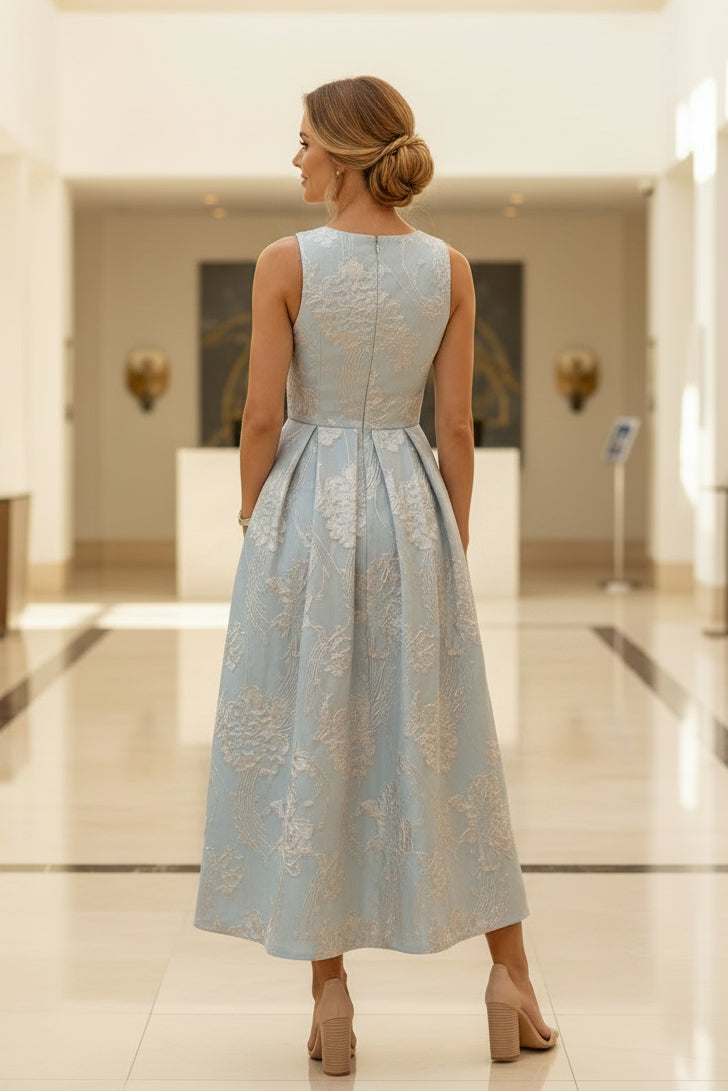 Vestido Midi Cruzado de Jacquard Floral con Bolsillos