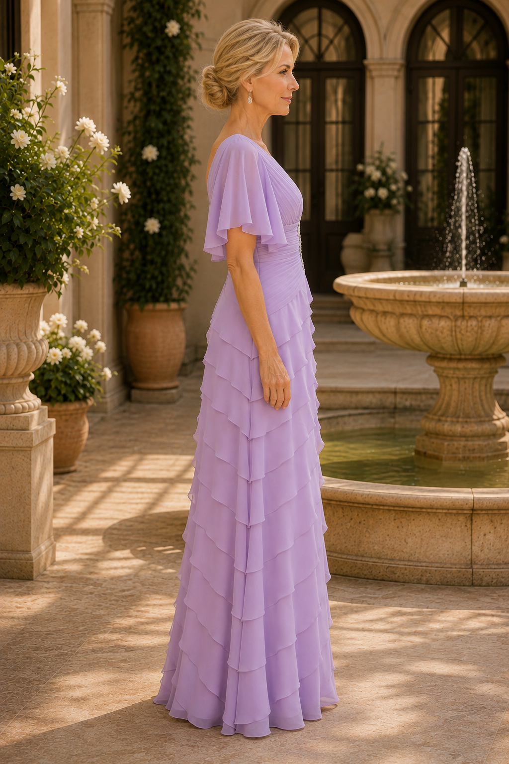 Vestido de gasa con volantes en capas y mangas mariposa