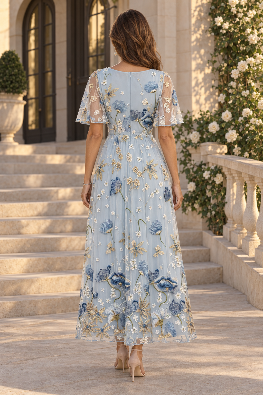 Vestido tobillero acampanado con bordado floral