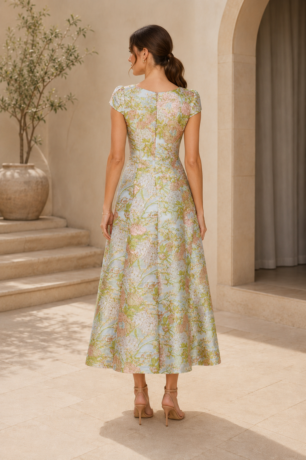 Vestido midi con cuello cuadrado y manga casquillo de jacquard floral