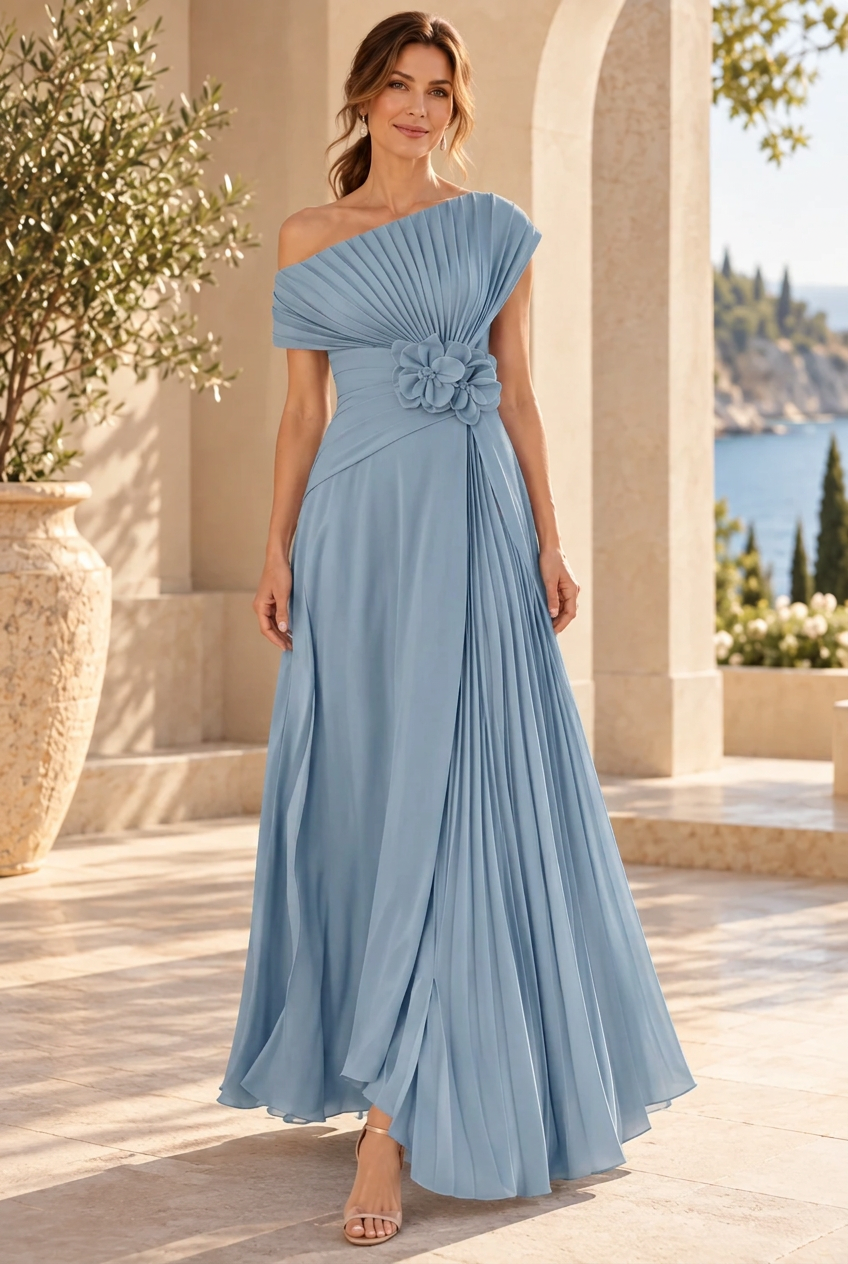 One-Shoulder Pleated Maxi Gown with 3D Flower