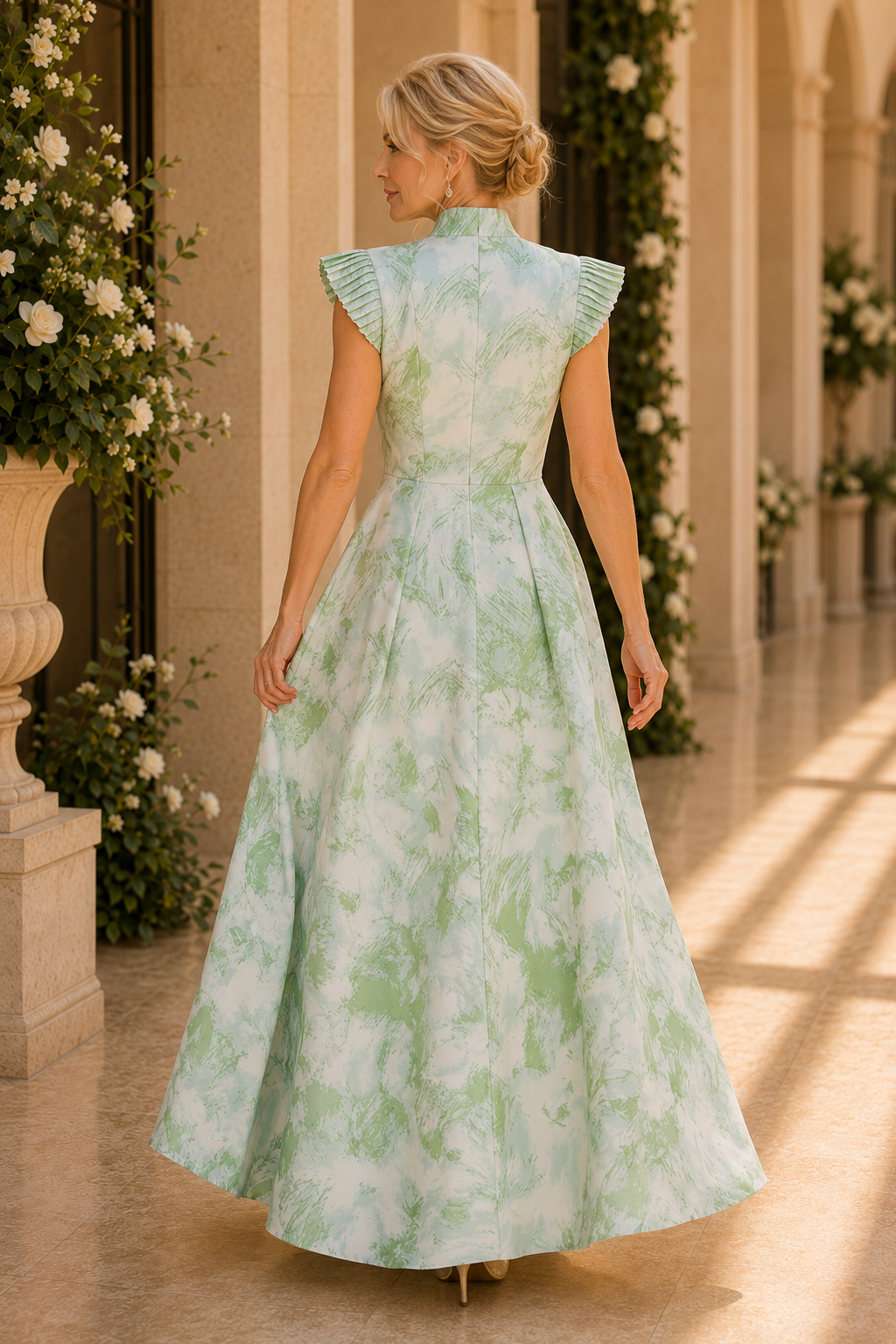 Vestido largo acampanado con cuello plisado y mangas casquillo