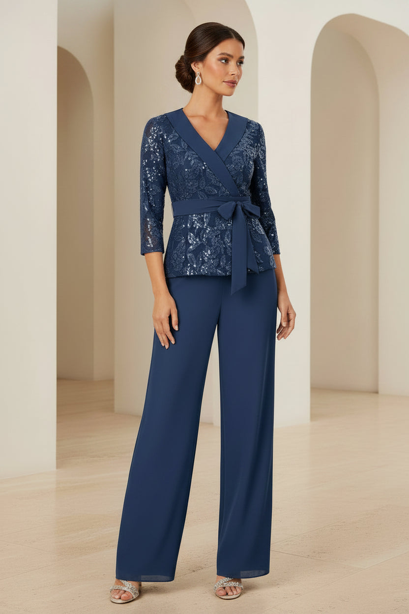 Traje de pantalón de dos piezas de encaje con lentejuelas y pantalón de pierna ancha