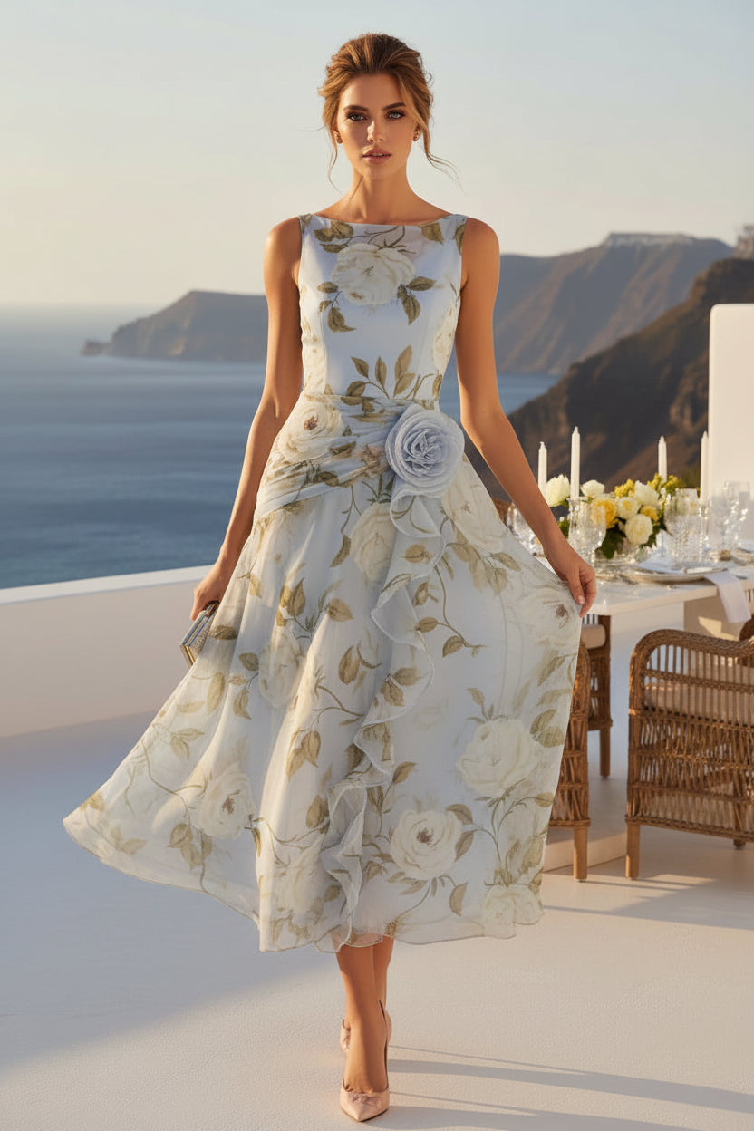 Vestido de línea A de organza floral con flor 3D