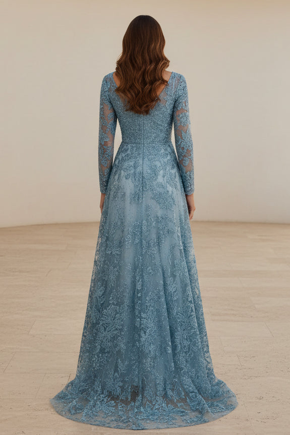 Vestido de noche de corte A con cuello de pico, encaje y manga larga