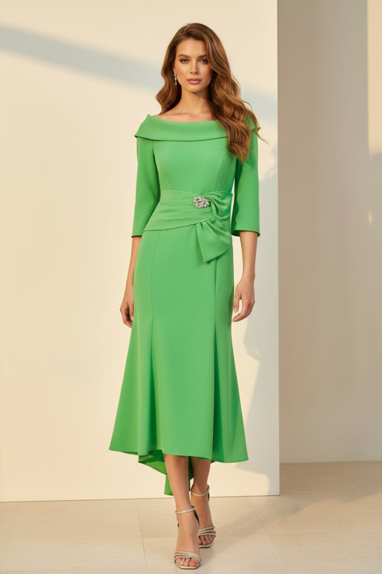 Vestido Midi Escote Bardot con Lazo y Falda Evasé