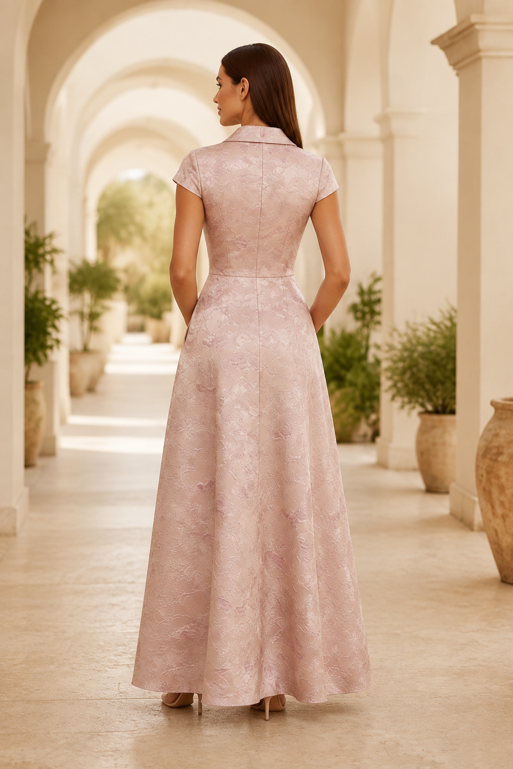 Vestido de noche de jacquard con cuello con muescas y mangas casquillo