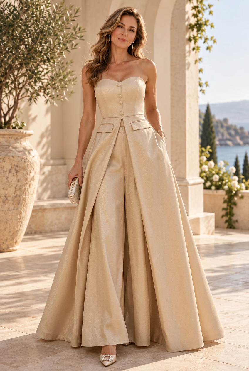 Strapless Wide-Leg Jumpsuit with Overskirt