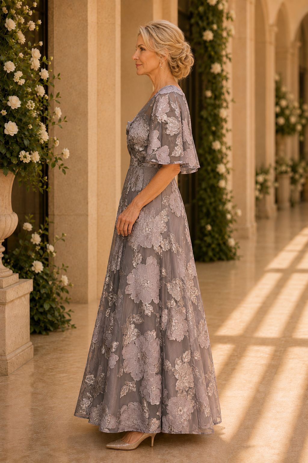 Vestido de noche acampanado con capa corta jacquard floral