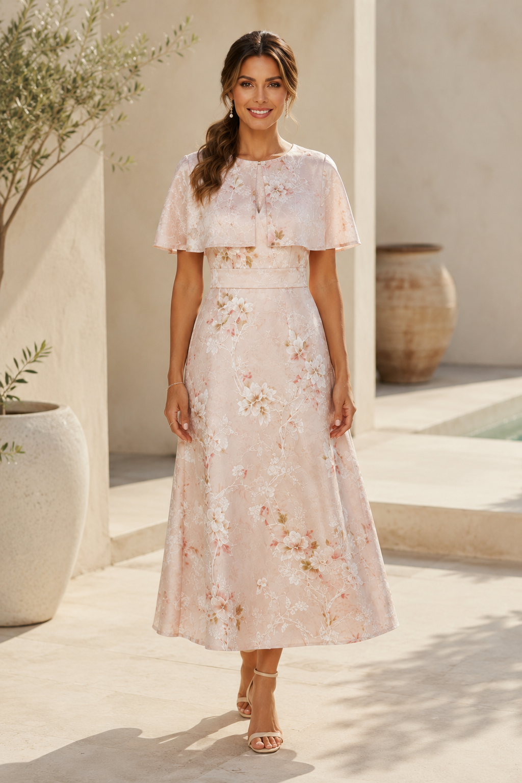 Vestido midi jacquard floral con detalle de capa