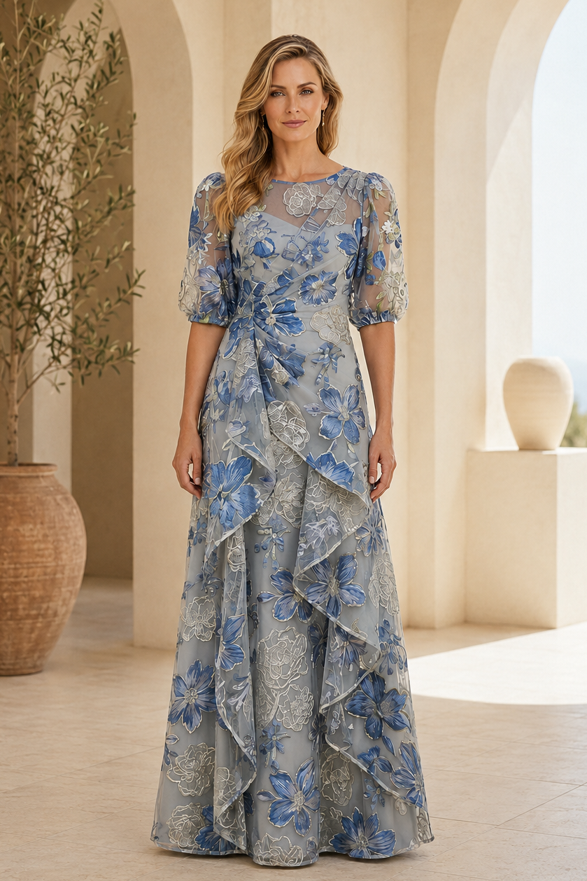 Vestido de Noche Acampanado con Bordado Floral y Mangas al Codo