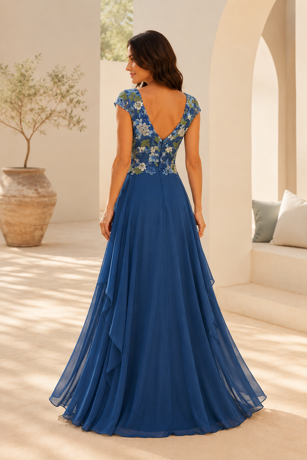 Vestido de noche acampanado con bordado floral y mangas casquillo
