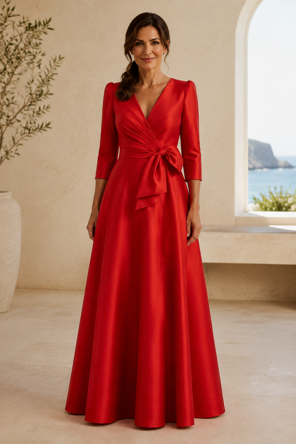 Vestido de noche de satén con corte en A y lazo en la cintura