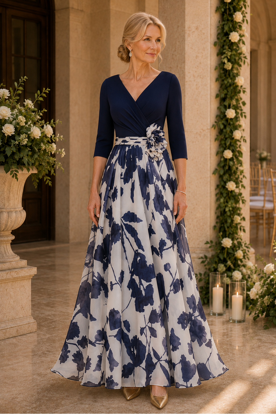 Vestido de Noche Acampanado con Estampado Floral y Mangas 3/4