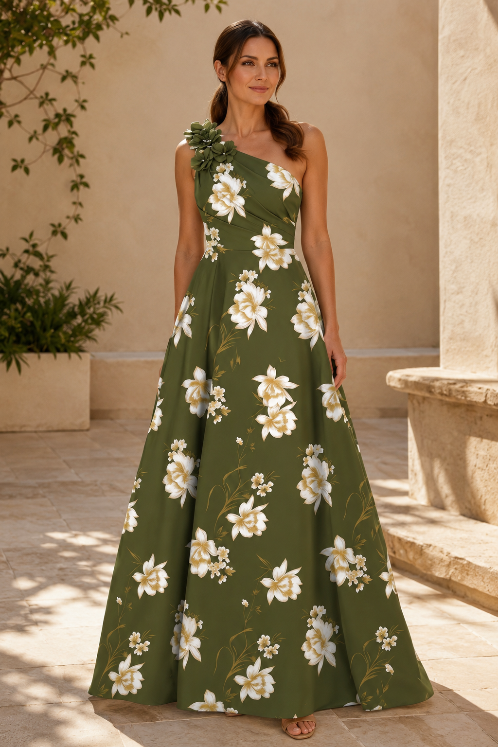 Vestido de satén acampanado con estampado floral y un hombro al descubierto