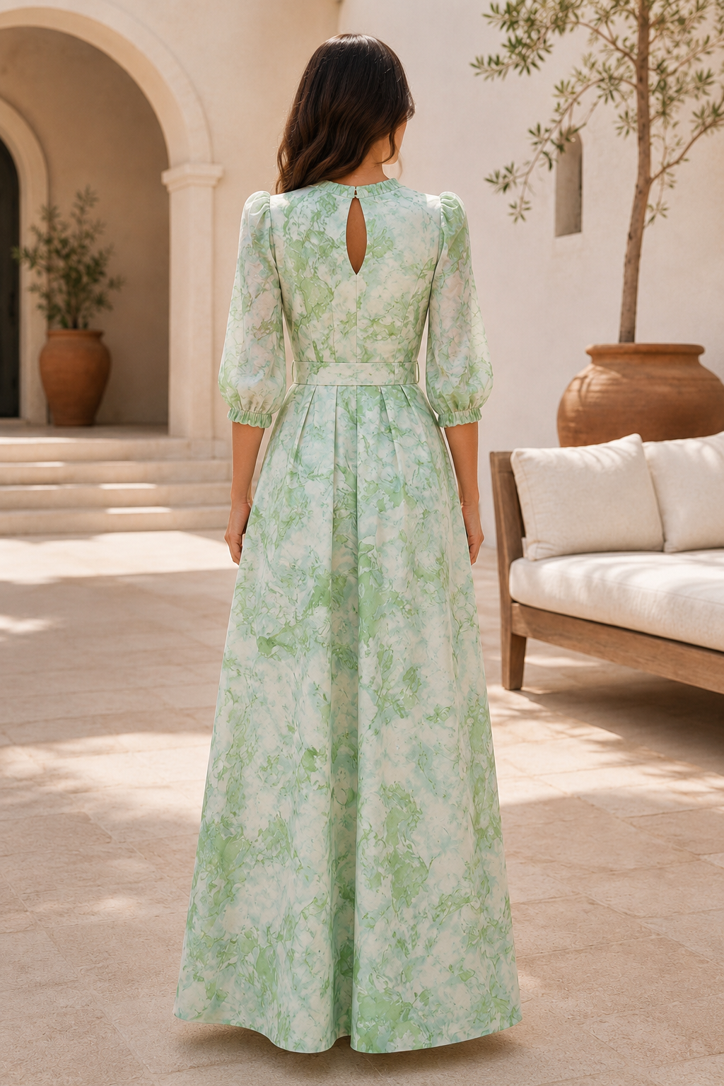 Elegante vestido maxi estampado con ojo de cerradura y corte en A