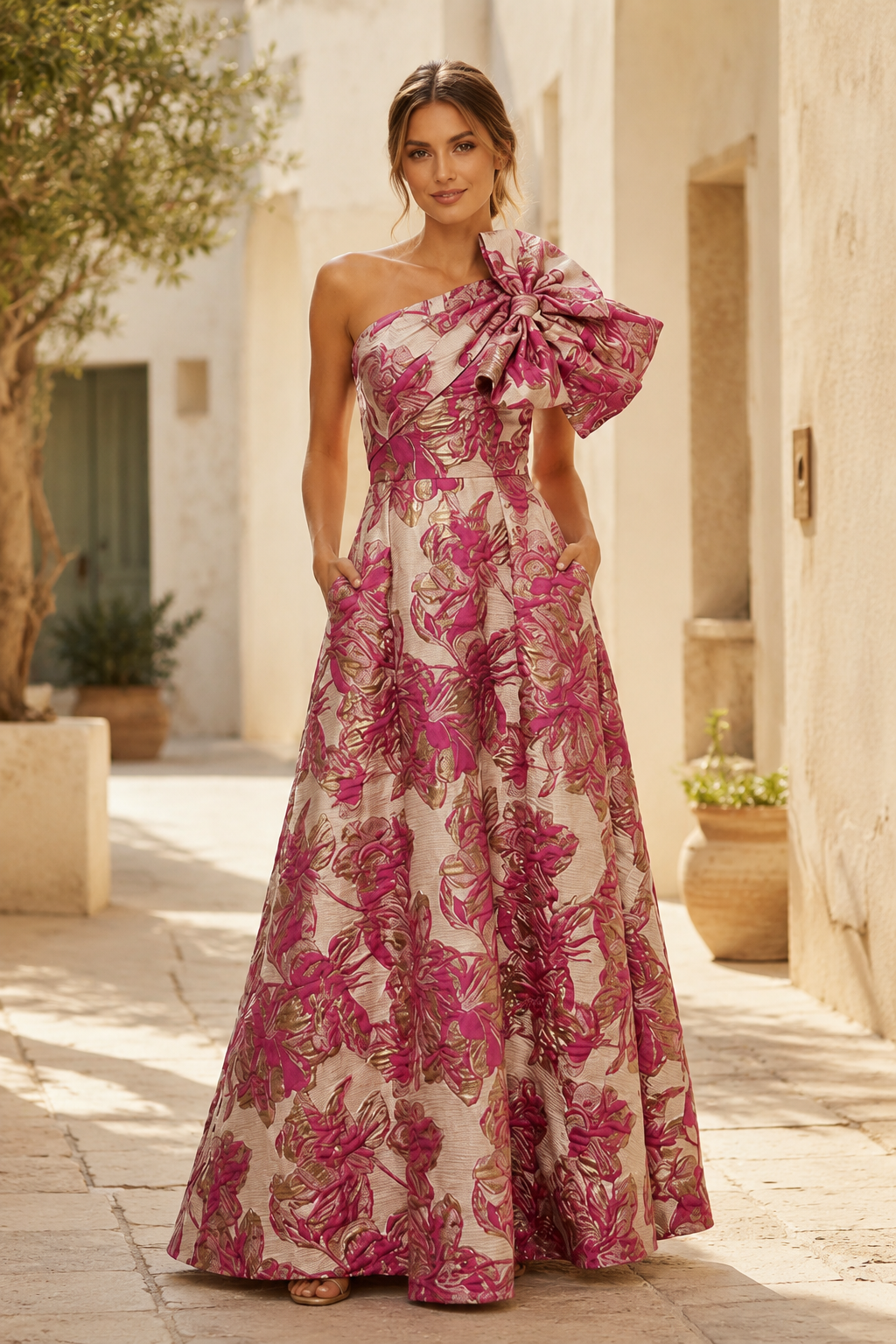 Vestido de fiesta floral de brocado con un solo hombro