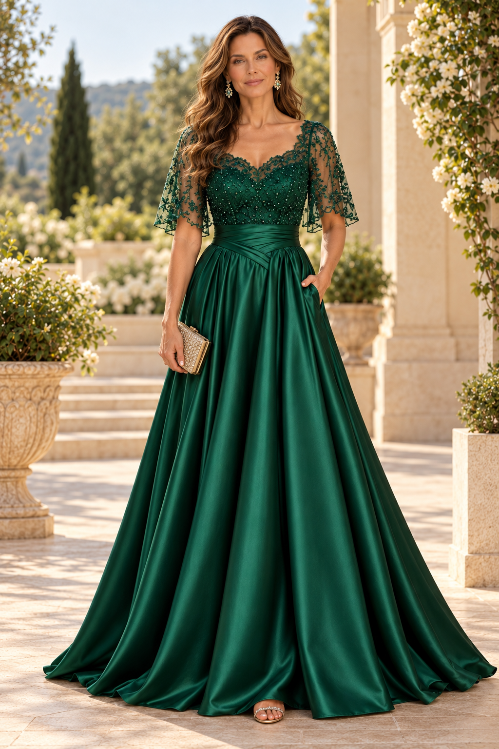 Embroidered Bodice Flutter Sleeve A-Line Gown