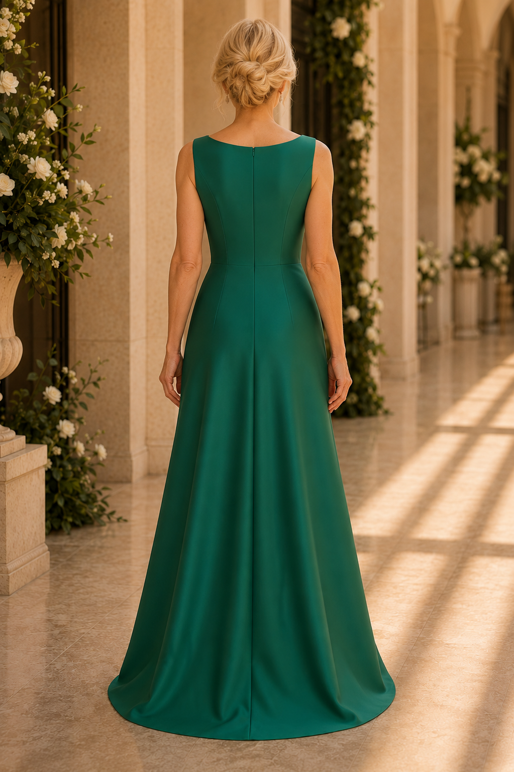 Vestido largo asimétrico con frunces y detalle de broche