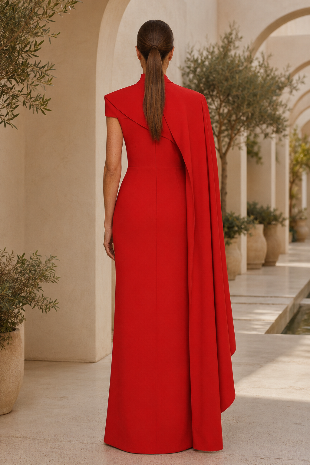 Vestido de noche asimétrico con capa y cuello alto tipo columna
